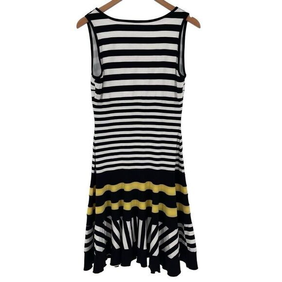 Joseph Ribkoff Sleeveless Fit & Flare Dress Stretch Soft Stripe XS Black Yellow - Picture 2 of 4